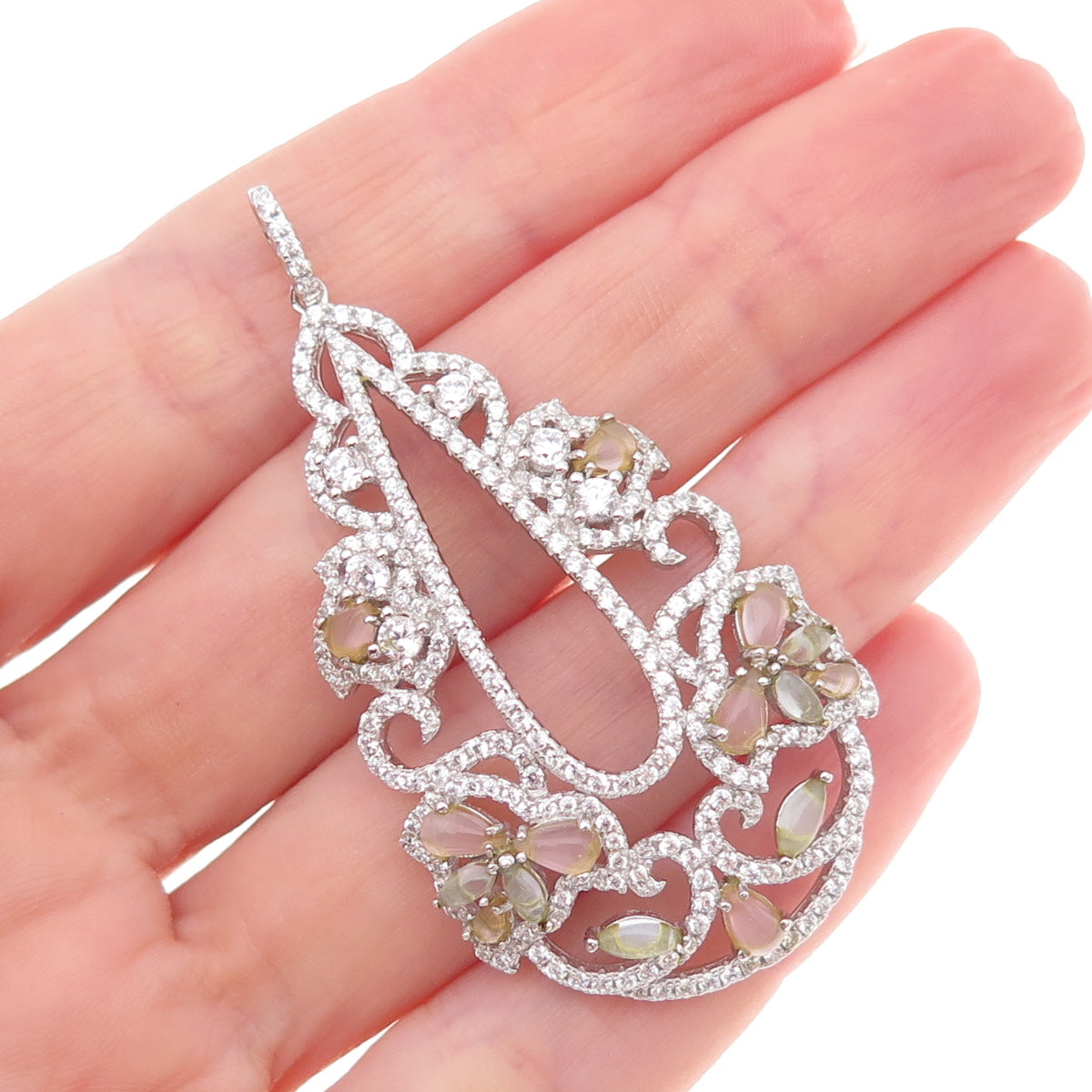 925 Sterling Silver Multi-Color C Z Ornate Teardrop Pendant