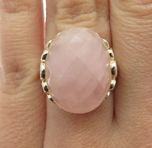 925 Sterling Silver Gold Plated Checkered Rose Quartz Ornate Ring Size 6.25