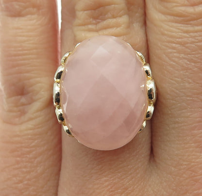 925 Sterling Silver Gold Plated Checkered Rose Quartz Ornate Ring Size 6.25