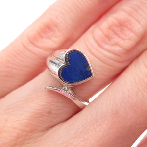 925 Sterling Silver Vintage Real Lapis Heart Oxidized Bypass Ring Size 4.5
