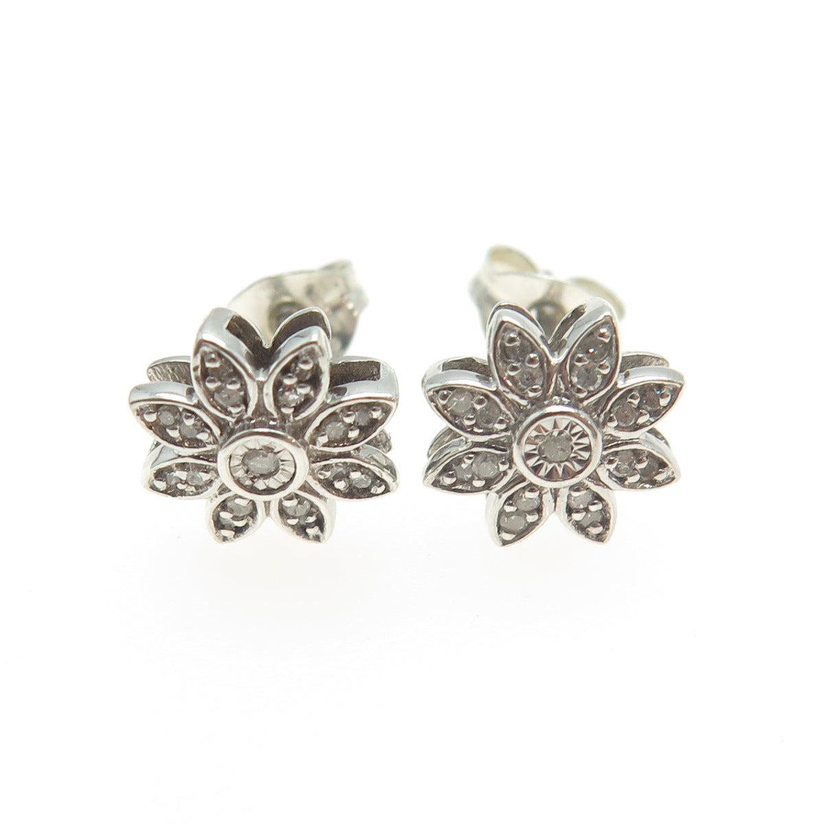 925 Sterling Silver Real Round-Cut Diamond Flower Stud Earrings