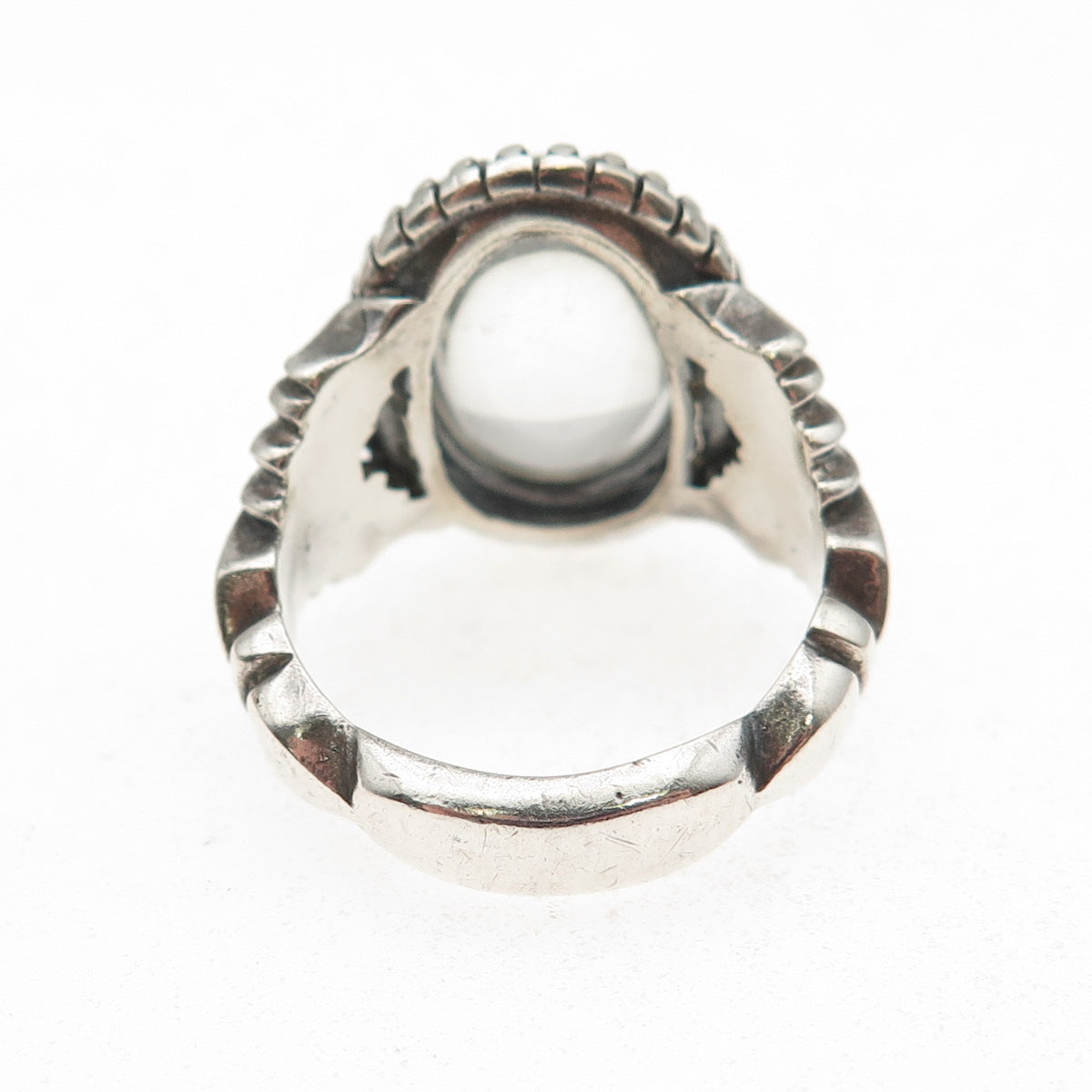 925 Sterling Silver Vintage Real Clear Quartz Modernist Oxidized Ring Size 9.25