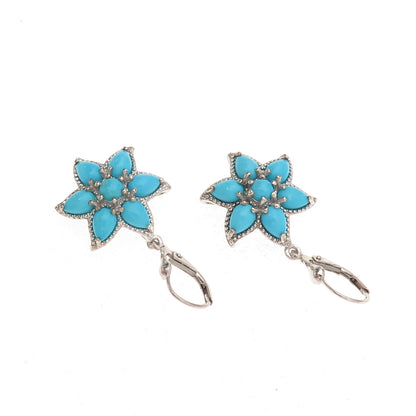D'Joy 925 Sterling Silver Real Sleeping Beauty Turquoise Floral Dangle Earrings