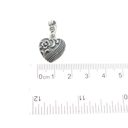 CHARLES WINSTON 925 Sterling Silver Vintage Flower Heart Oxidized Charm Pendant
