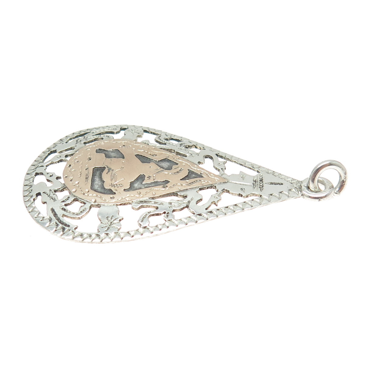 900 Silver & 10K Rose Gold Vintage Tribal Warrior Teardrop Charm Pendant