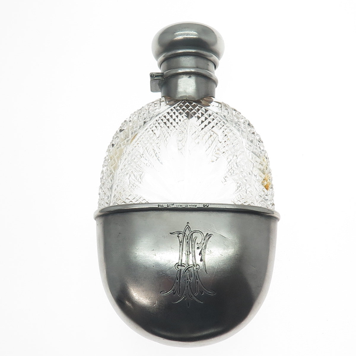 DEPOSE 84 Silver Crystal Antique Victorian Belgium Russian Empire Monogram Flask