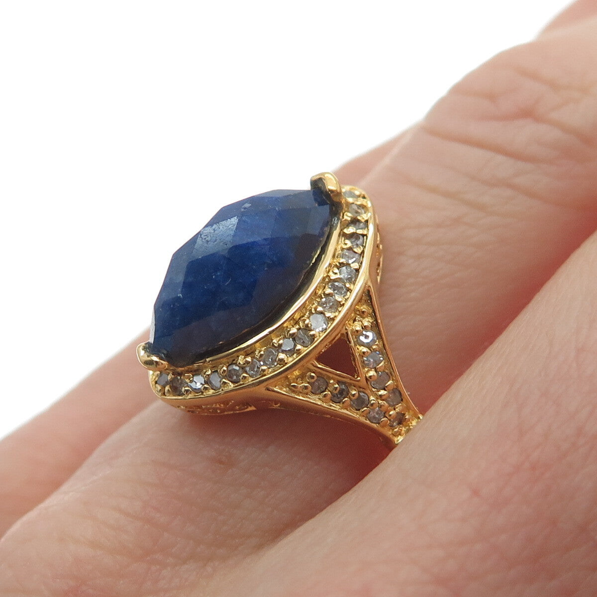 925 Sterling Silver Gold Plated Real Round-Cut Diamond & Sapphire Ring Size 7