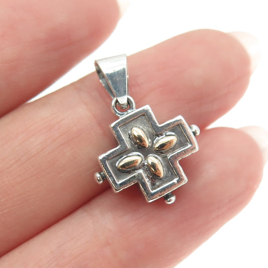 925 Sterling Silver & 14K Yellow Gold Vintage Floral Cross Pendant