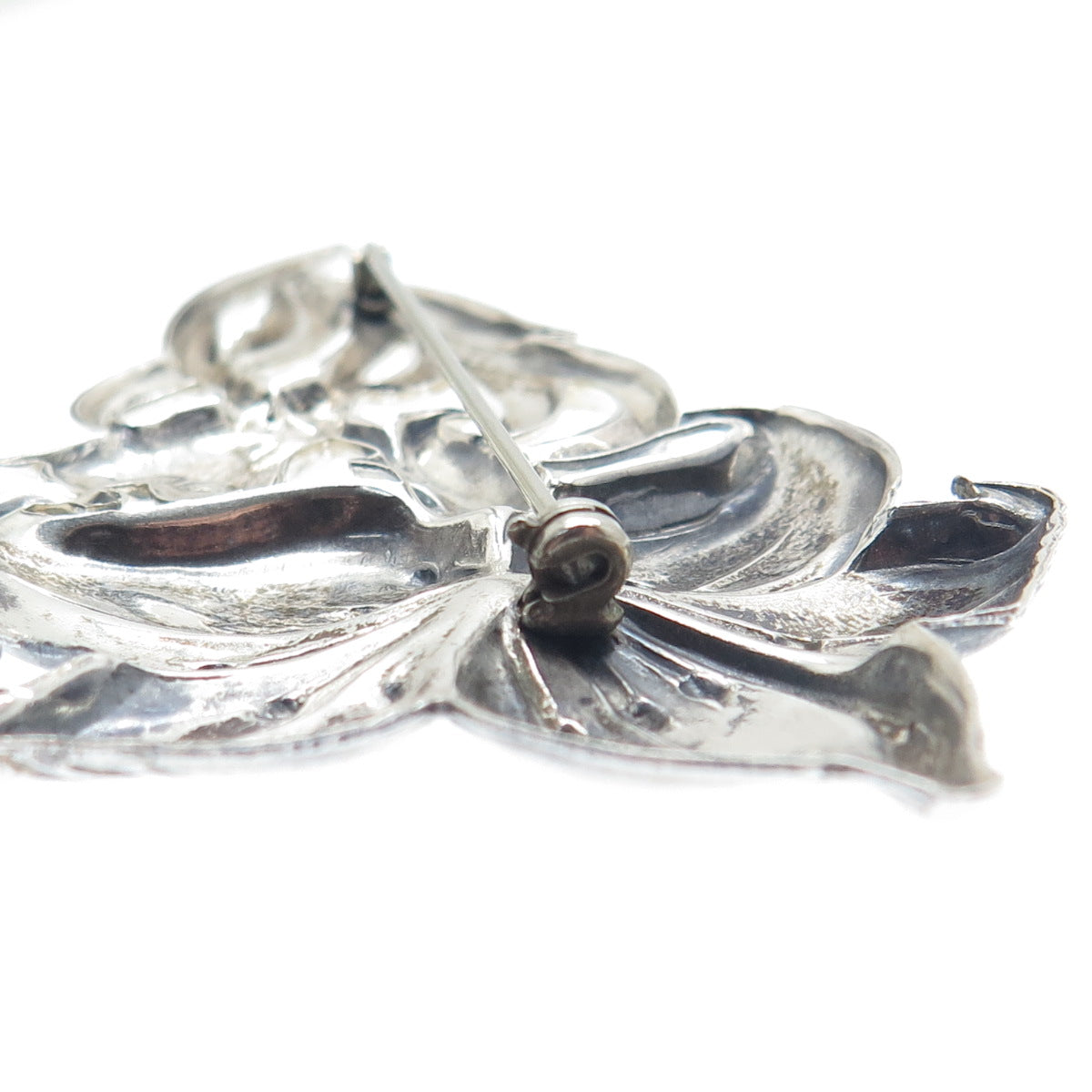 925 Sterling Silver Antique Art Deco Lily Flower Repousse Oxidized Pin Brooch