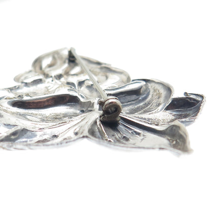 925 Sterling Silver Antique Art Deco Lily Flower Repousse Oxidized Pin Brooch