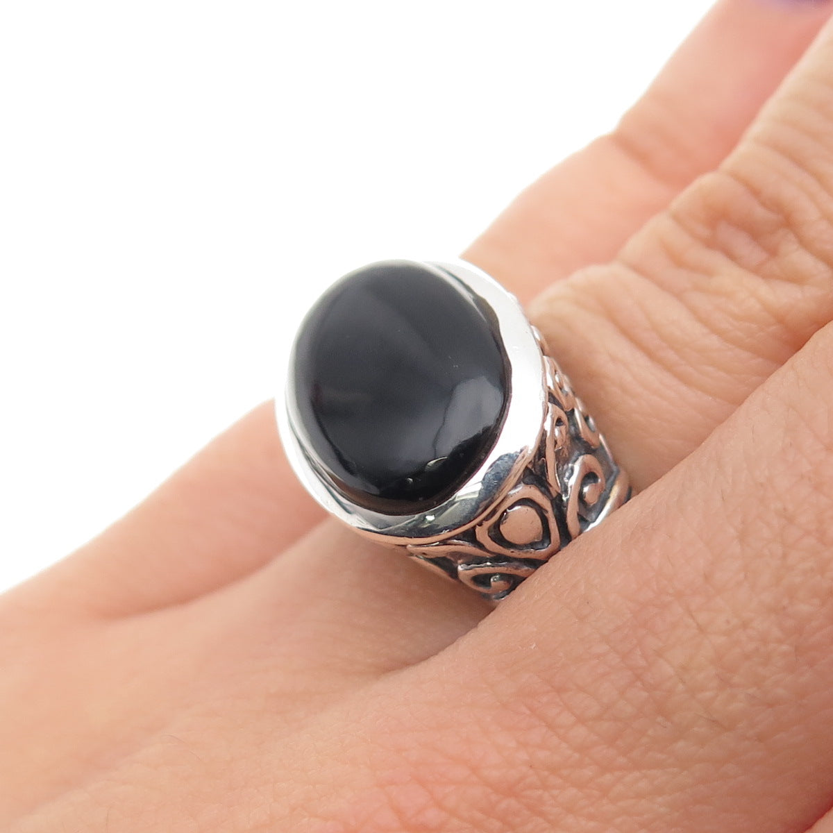 925 Sterling Silver Vintage Real Black Onyx Swirl Oxidized Ring Size 6