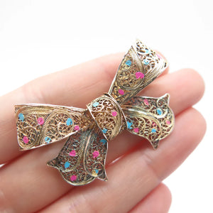 925 Sterling Silver Gold Plated Vintage Enamel Bow Filigree Pin Brooch