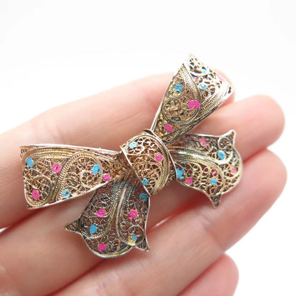 925 Sterling Silver Gold Plated Vintage Enamel Bow Filigree Pin Brooch