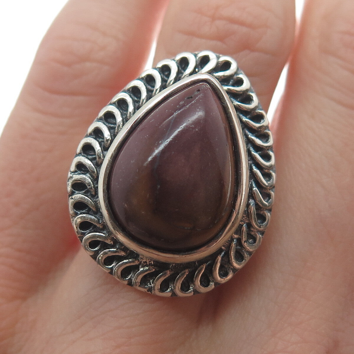 925 Sterling Silver Vintage Real Pear-Cut Purple Jasper Oxidized Ring Size 8.5