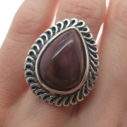 925 Sterling Silver Vintage Real Pear-Cut Purple Jasper Oxidized Ring Size 8.5