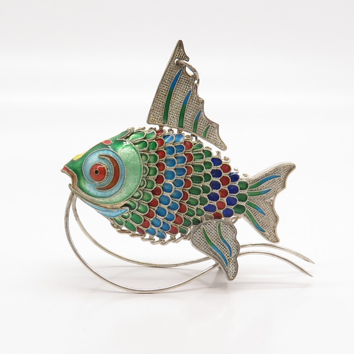 925 Sterling Silver Enamel Antique Chinese Articulated Koi Fish Chatelaine Fob
