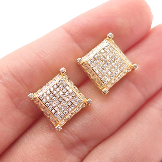 925 Sterling Silver Gold Plated Round-Cut C Z Square Stud Earrings