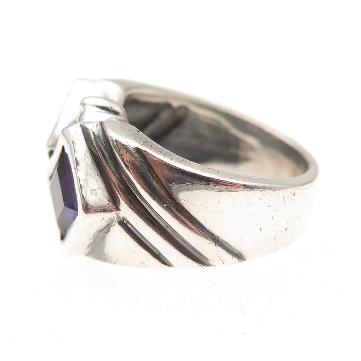 925 Sterling Silver Vintage Lab-Created Multi-Sapphire Modernist Ring Size 6.5