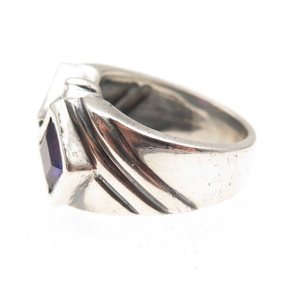 925 Sterling Silver Vintage Lab-Created Multi-Sapphire Modernist Ring Size 6.5