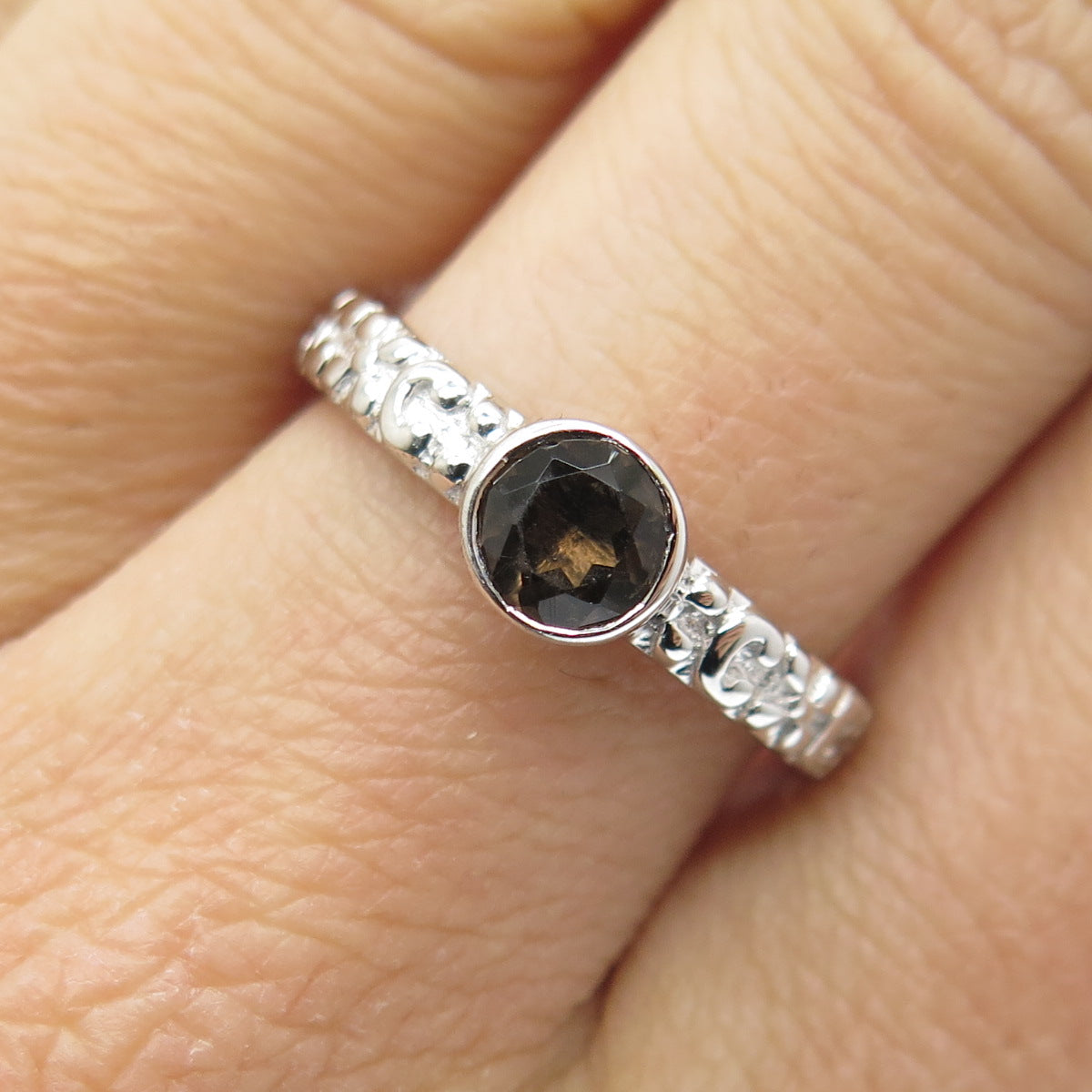 925 Sterling Silver Real Checkered Smoky Quartz Letter "C" Floral Ring Size 7.75