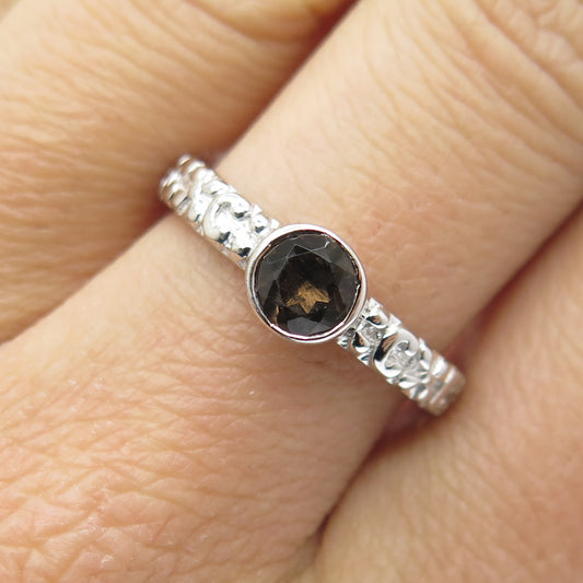 925 Sterling Silver Real Checkered Smoky Quartz Letter "C" Floral Ring Size 7.75