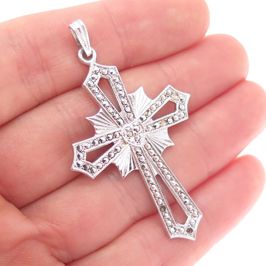925 Sterling Silver Antique Real Marcasite Cross Pendant (missing 6 stones)