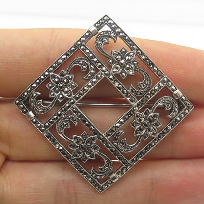 925 Sterling Silver Antique Art Deco Real Marcasite Flower Square Pin Brooch