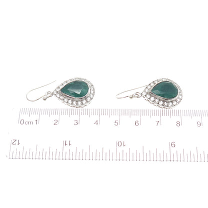 925 Sterling Silver Real Pear-Cut Emerald Round-Cut White Topaz Dangle Earrings