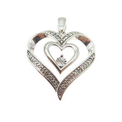 925 Sterling Silver Real Round-Cut Diamond Double Heart Pendant