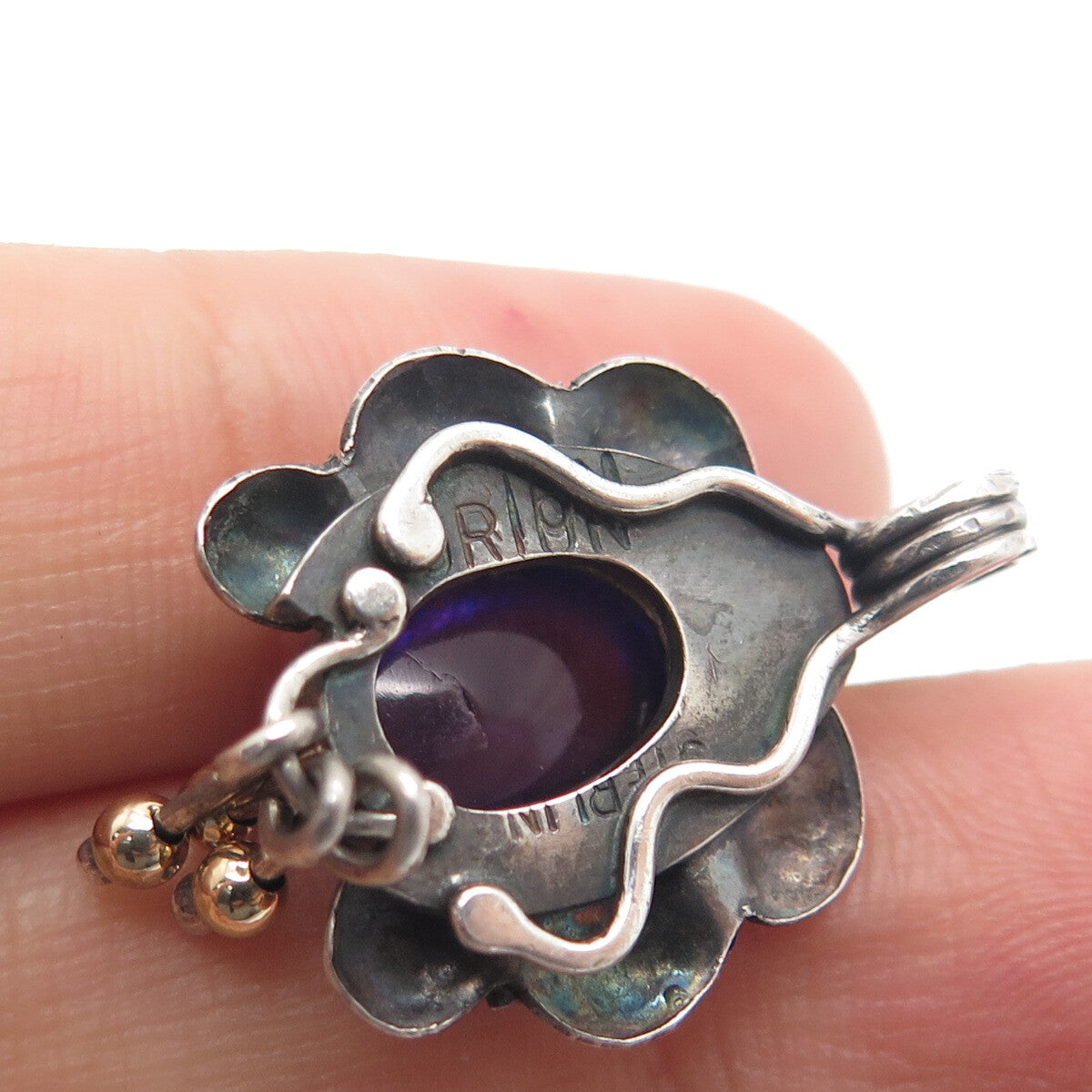 ORION Sterling Silver & 14K Gold Vintage Real Amethyst Modernist Flower Pendant