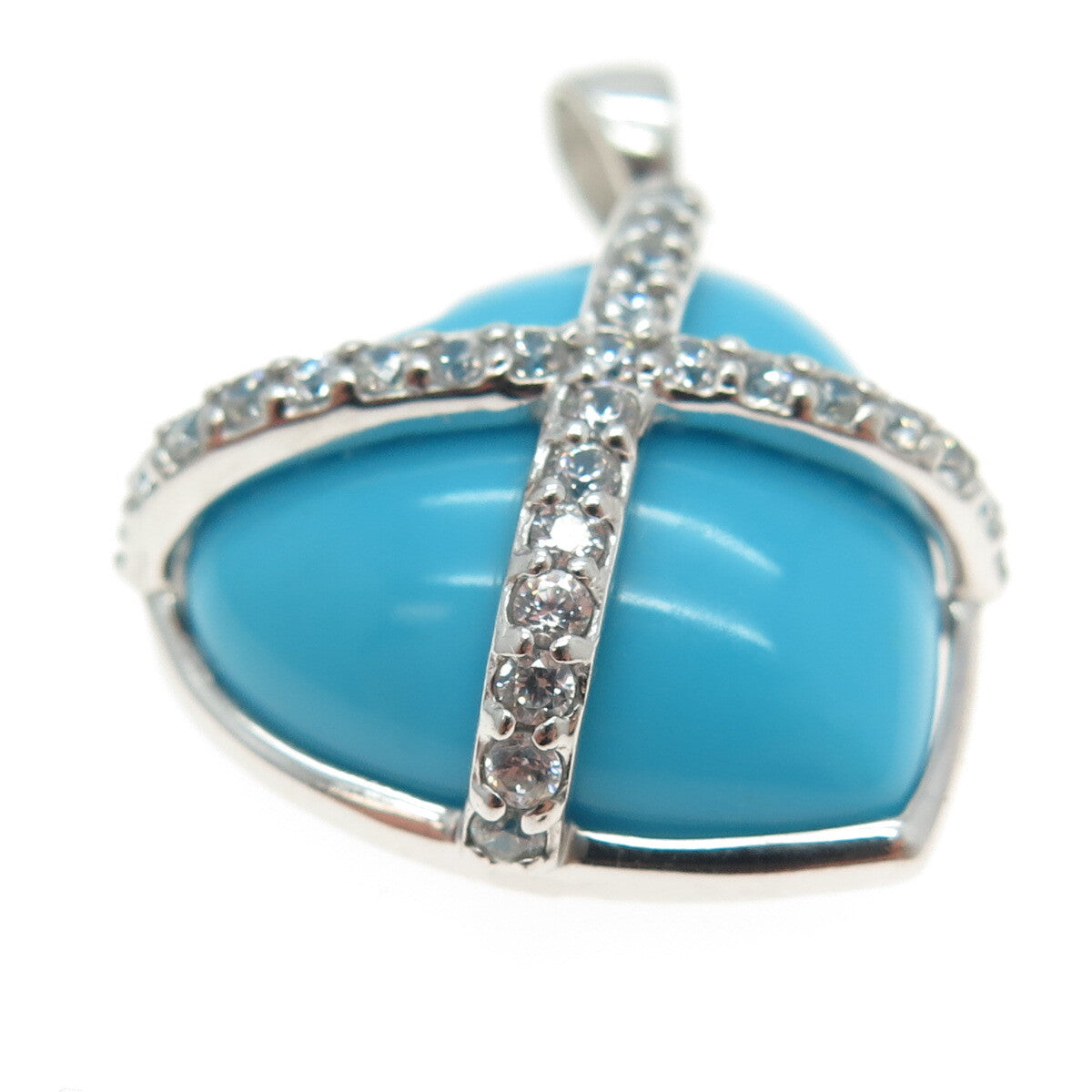 925 Sterling Silver Faux Turquoise & C Z Crisscross Heart Pendant