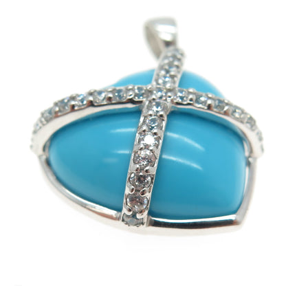 925 Sterling Silver Faux Turquoise & C Z Crisscross Heart Pendant