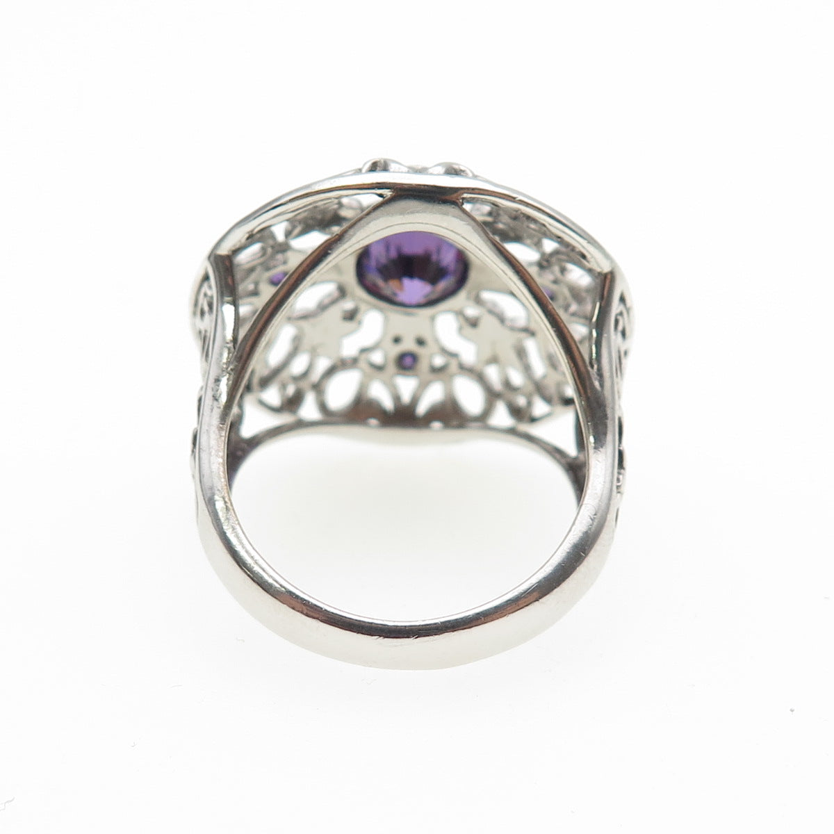 925 Sterling Silver Real Round-Cut Amethyst Ornate Flower Ring Size 8.25