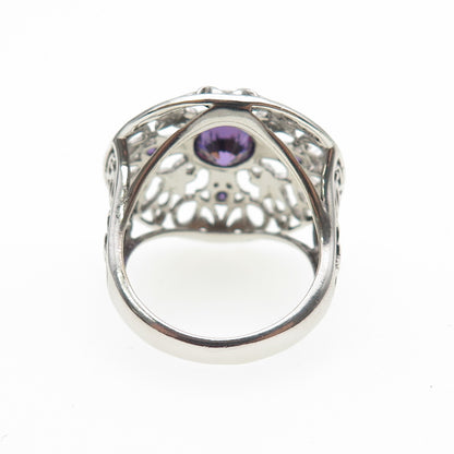 925 Sterling Silver Real Round-Cut Amethyst Ornate Flower Ring Size 8.25
