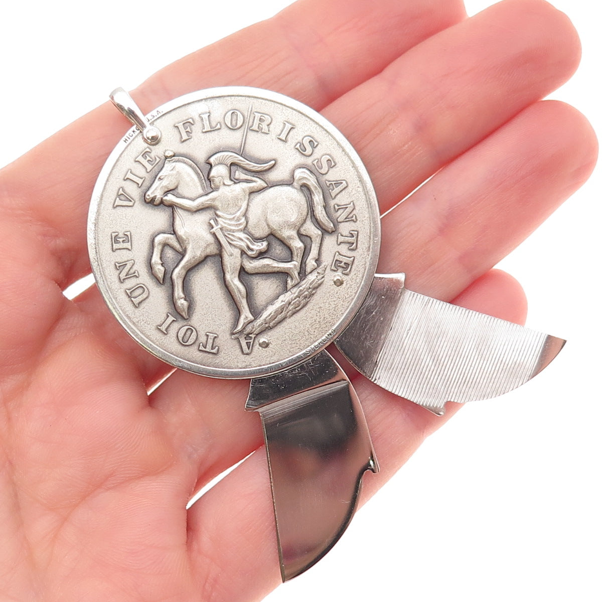 Hickok 925 Sterling Vintage "A Tuoi Une Vie Florissante" Token Knife Pendant