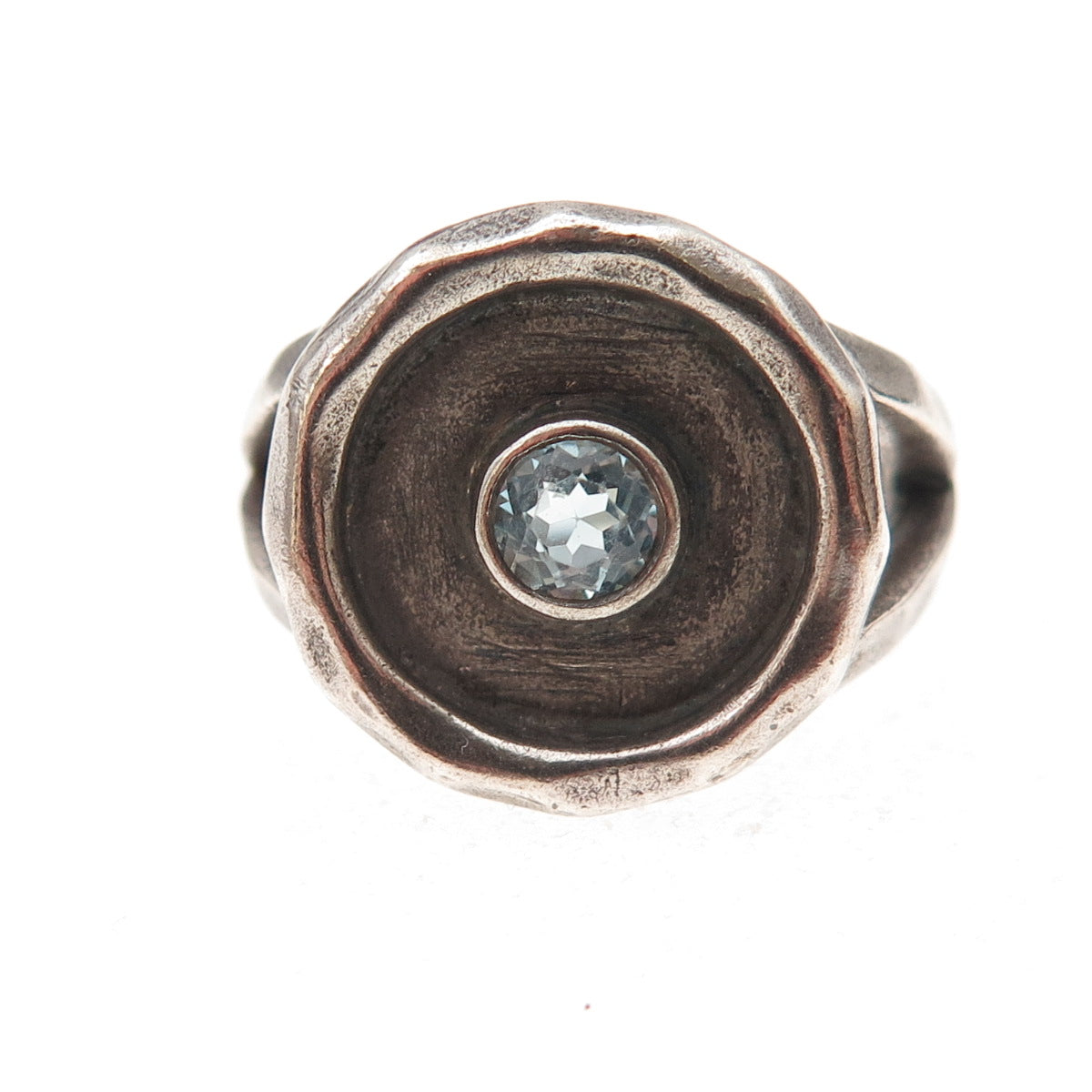 Satya 925 Sterling Silver Vintage Real Blue Topaz Modernist Oxidized Ring Size 6
