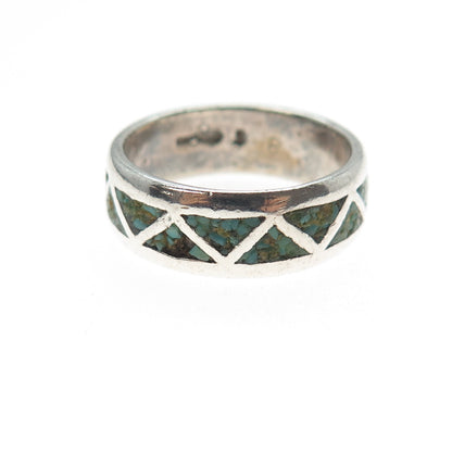 Tommy Long Navajo Old Pawn Sterling Vintage Turquoise Inlay Band Ring Size 8.5