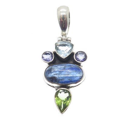 925 Sterling Silver Vintage Amethyst Peridot Sapphire Blue Topaz Gem Pendant