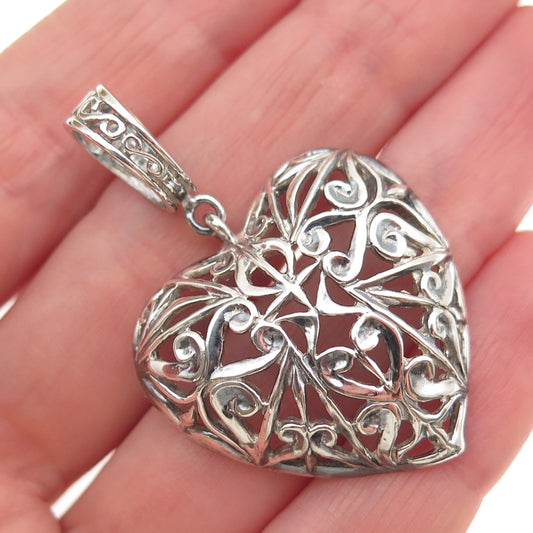 Morning Sun 925 Sterling Silver Vintage Ornate Heart Oxidized Charm Pendant