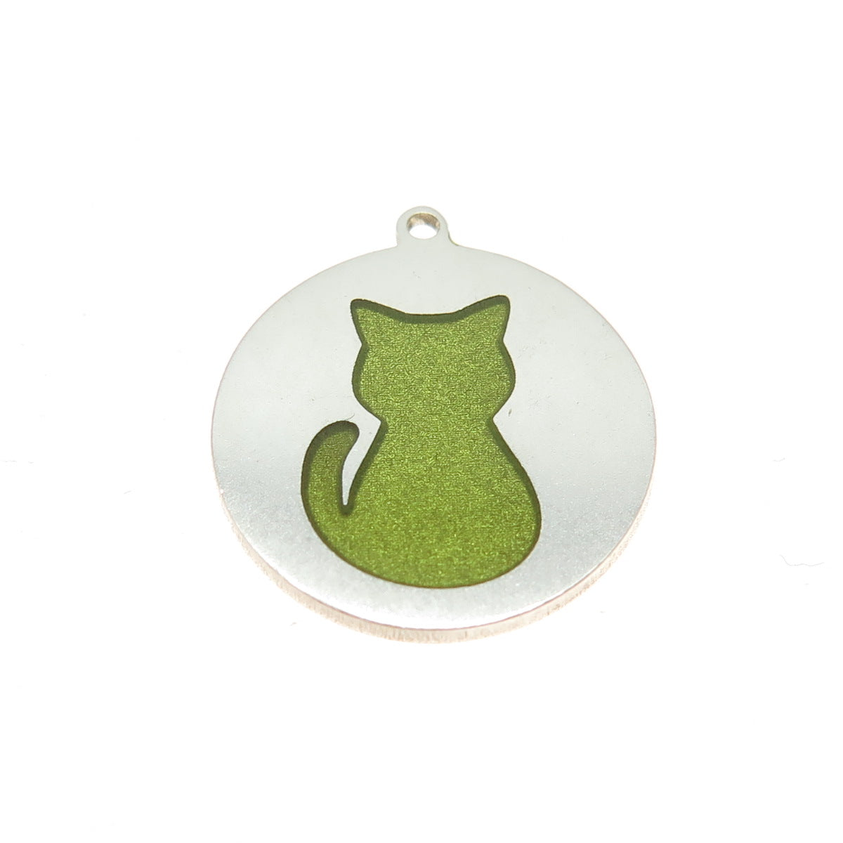 Tokemoti 925 Sterling Silver Green Enamel Cat Round Tag Minimalist Pendant