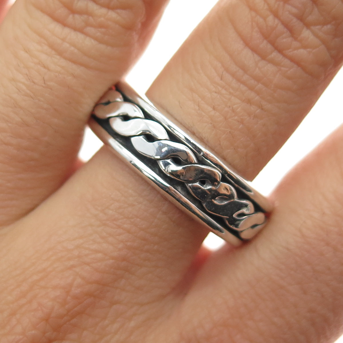 925 Sterling Silver Vintage Woven Oxidized Rotating Band Ring Size 13.25