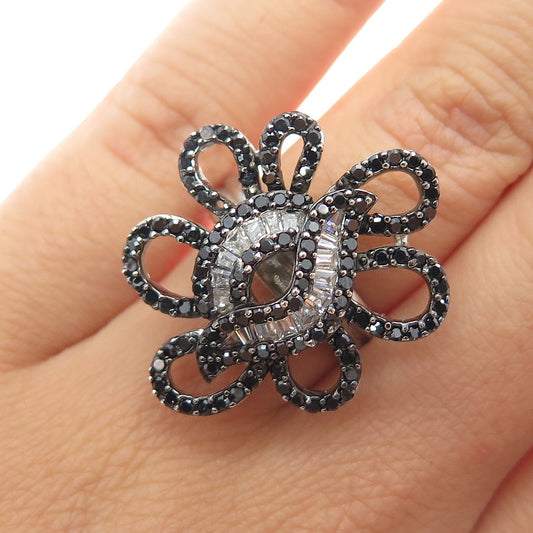 925 Sterling Silver Real Black Spinel & C Z Modernist Flower Ring Size 6.25