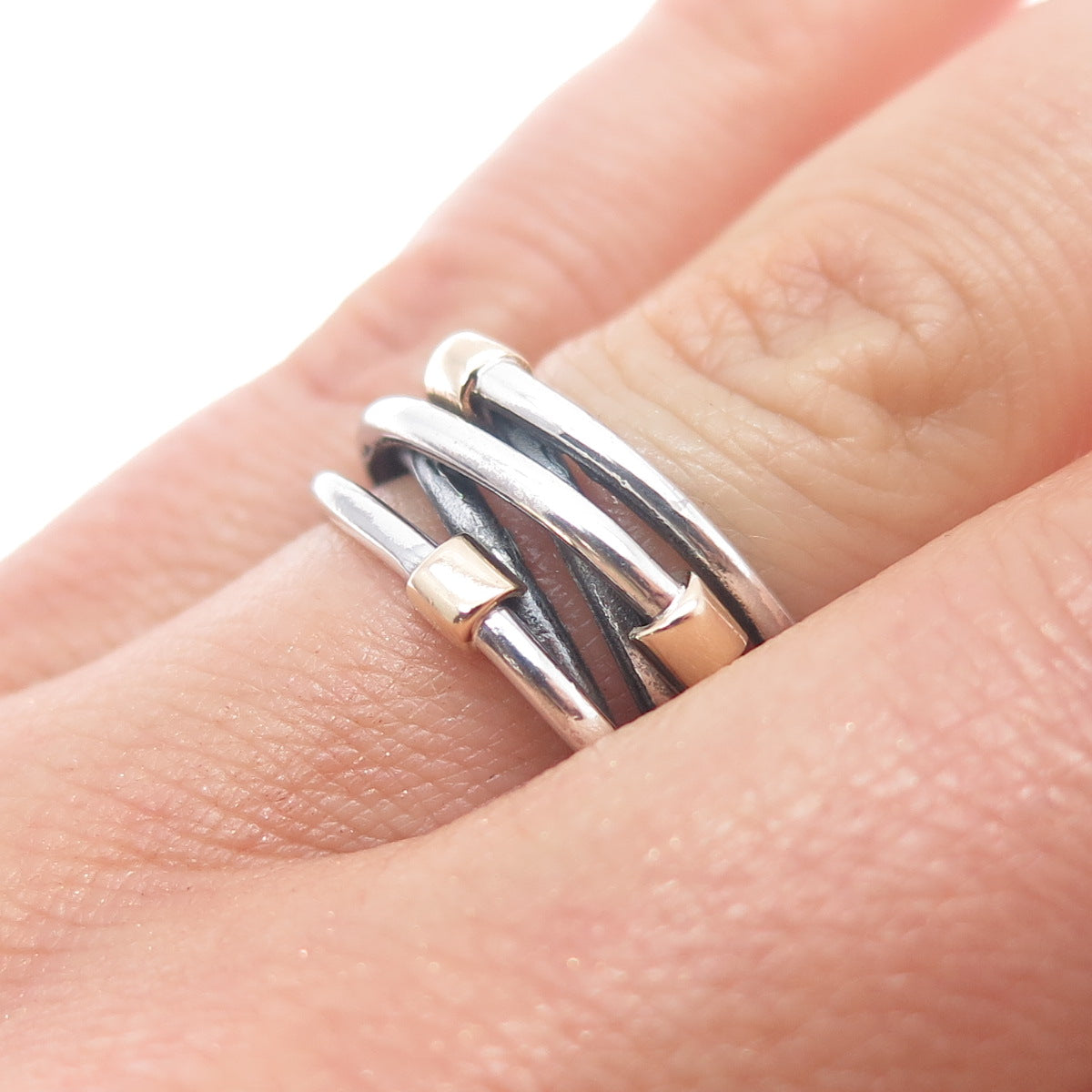 14K Gold 925 Sterling Silver Vintage Modernist Crisscross Ring Size 6.25