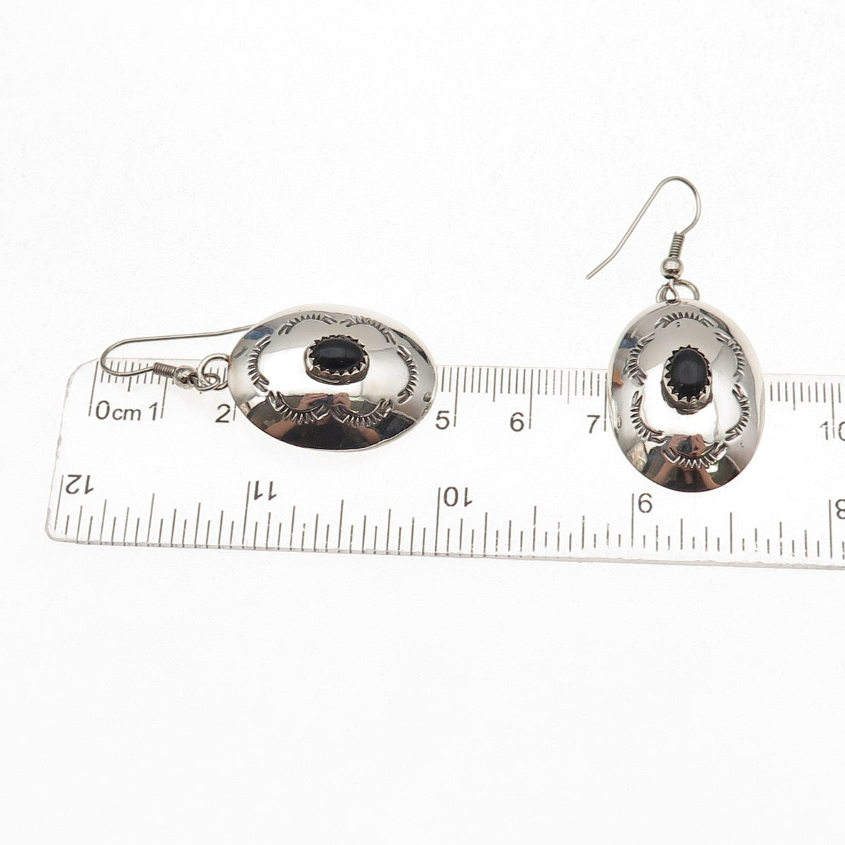 Old Pawn Sterling Silver Vintage Southwestern Black Onyx Concho Dangle Earrings