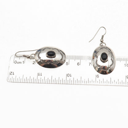 Old Pawn Sterling Silver Vintage Southwestern Black Onyx Concho Dangle Earrings