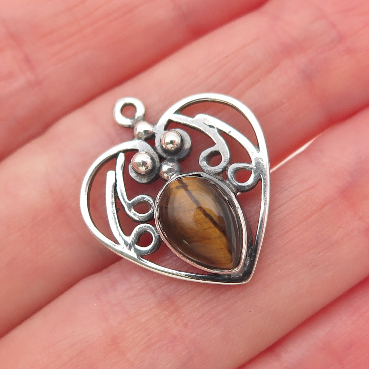 925 Sterling Silver Vintage Real Tiger Eye Heart Oxidized Charm Pendant