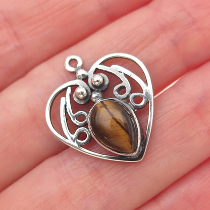 925 Sterling Silver Vintage Real Tiger Eye Heart Oxidized Charm Pendant