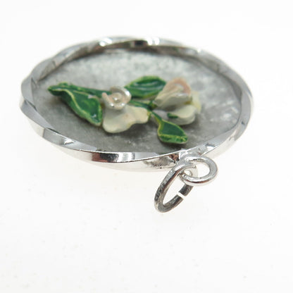 WELLS 925 Sterling Silver Vintage Enamel Flower Round Pendant