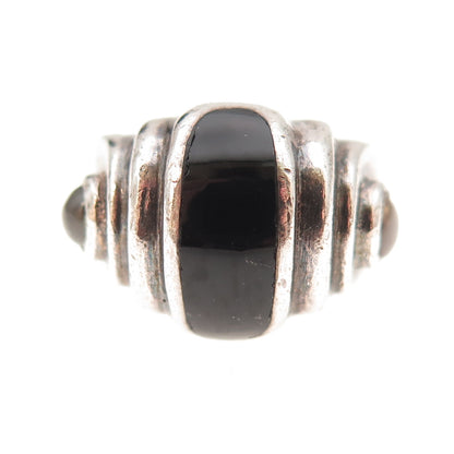 925 Sterling Silver Vintage Real Black Onyx Modernist Oxidized Ring Size 6.5