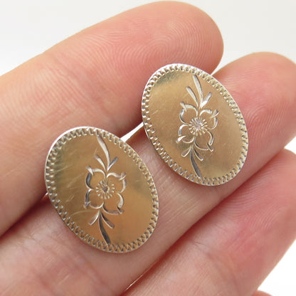 925 Sterling Silver & Gold Vintage Engraved Floral Oval Earrings